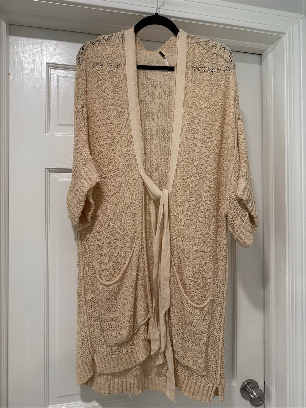 Free People Cream Open-Knit Tie-Front Cardigan